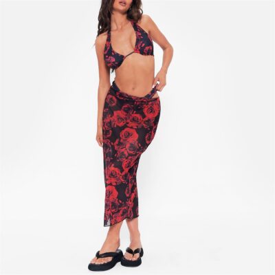 I Saw It First Floral Print 3 Piece Halterneck Bikini and Skirt Set